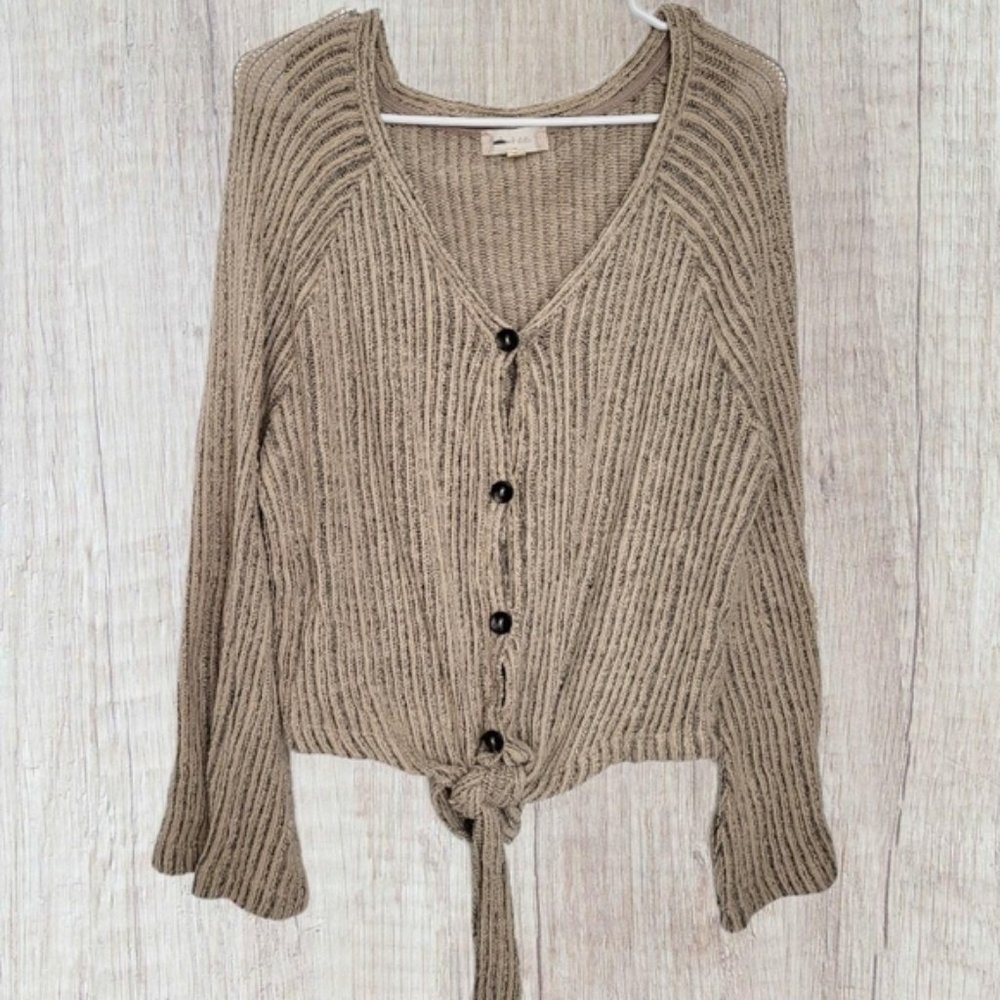 Tan Tones Front Tie Button Down Thin Sweater/Long Sleeve